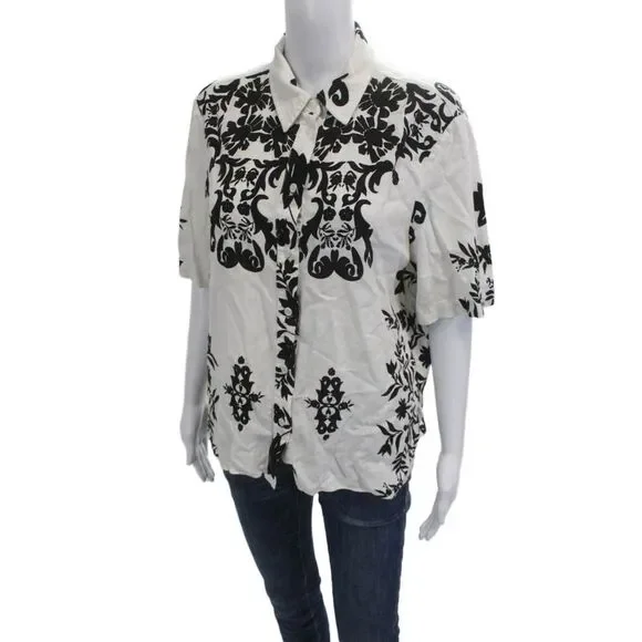 Zara Womens Black Floral Collared Button-Up Short Sleeve Top Size L - Picture 2 of 6